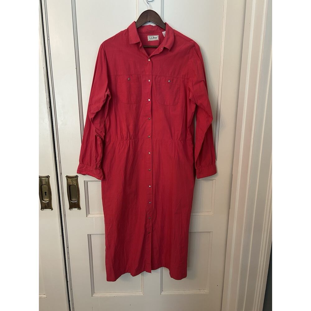 Vintage LL Bean Snap Button Maxi Dress Womens Size 18 Red Classic Comfort USA